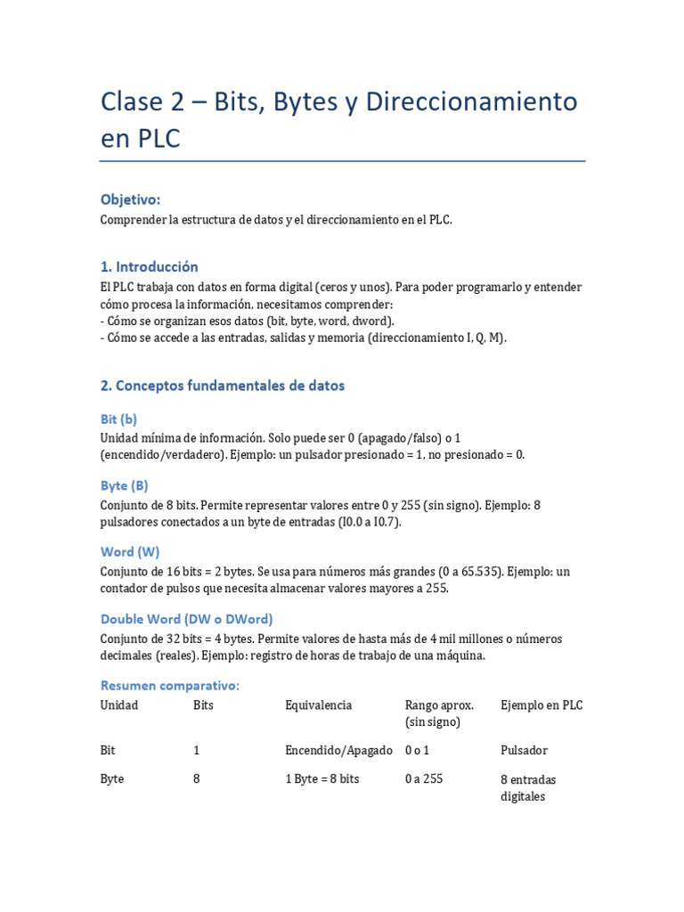 Clase 2 Bits Bytes Direccionamiento PLC | PDF | Poco | Datos de computadora