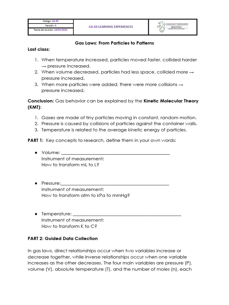 Gas Laws From Particles To Patterns | PDF | Gases | Temperature