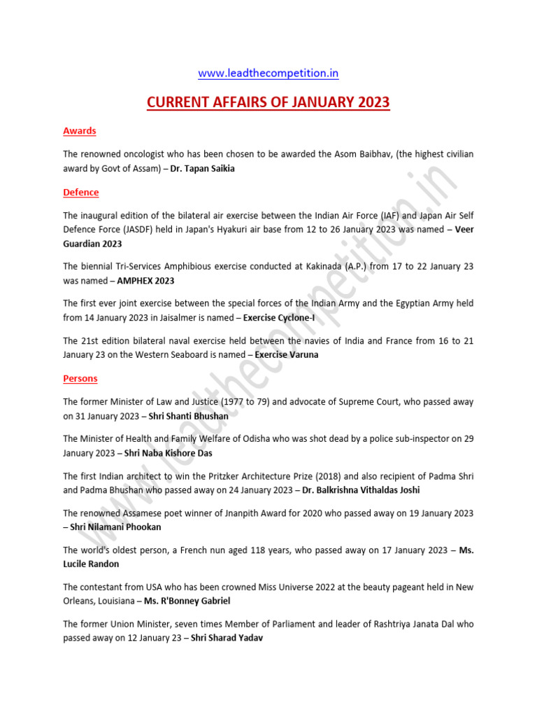 Current Affairs of January 23 | PDF