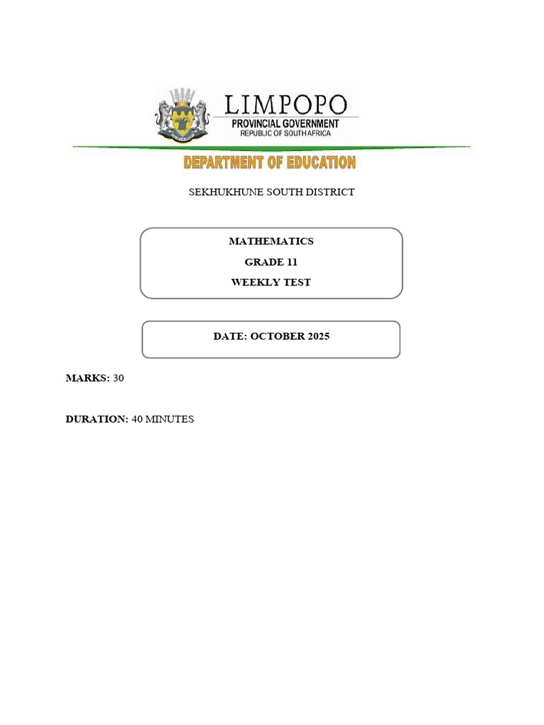 Maths Grade 11 Weekly Test 17 Oct 2025 | PDF | Chess Openings | Chess ...