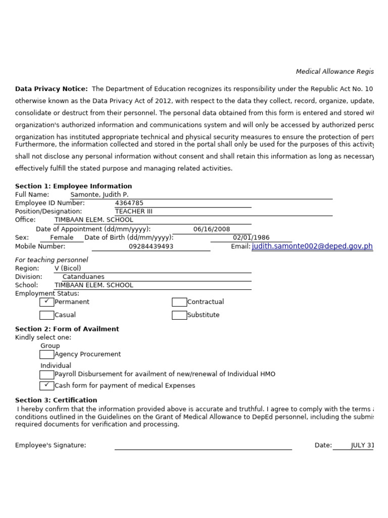 Medical Allowance Registration Form | PDF