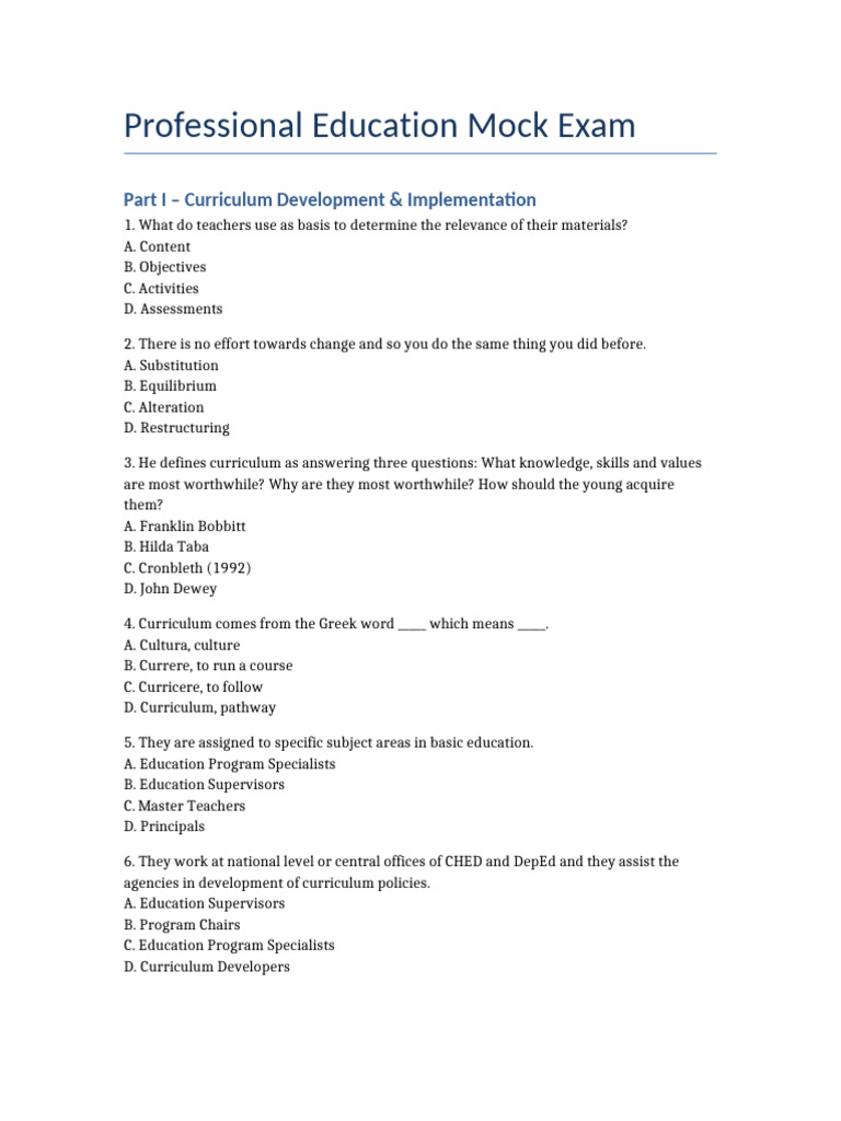 Professional Education Mock Exam Guide | PDF | Curriculum | Literacy
