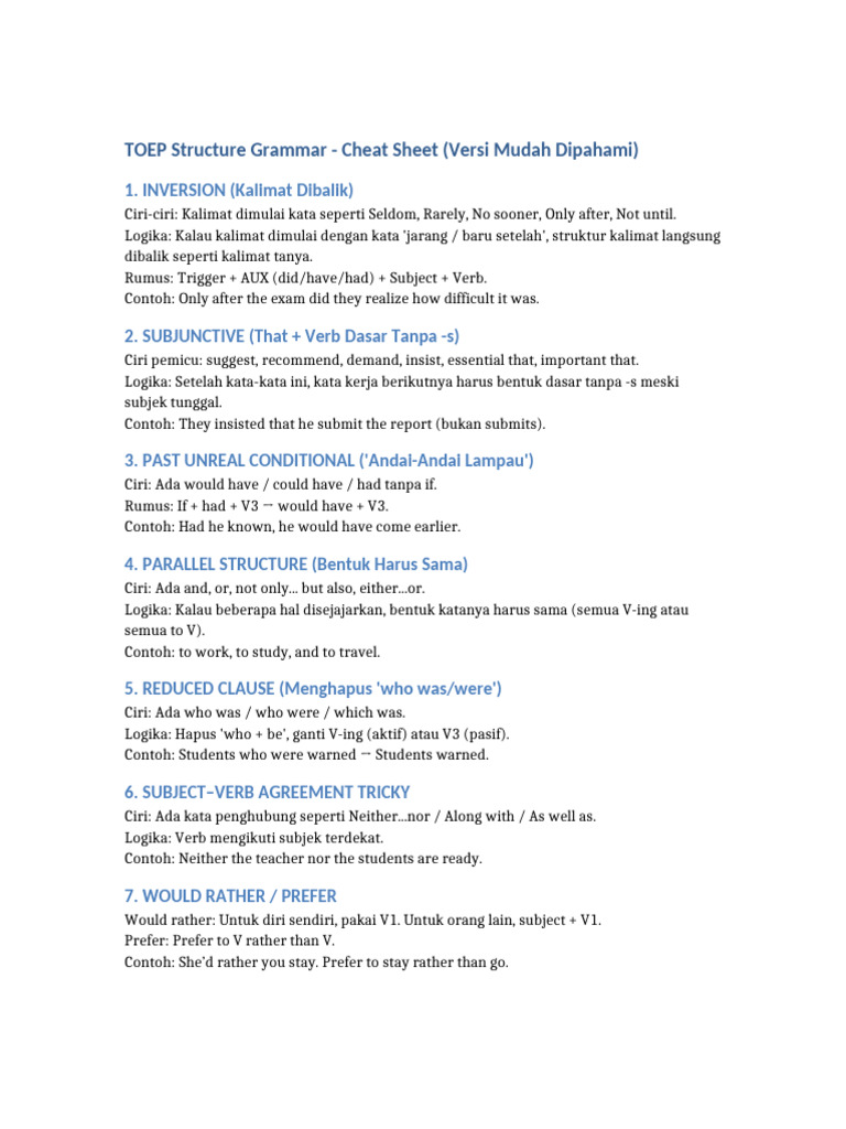 TOEP Grammar Cheat Sheet Guide | PDF