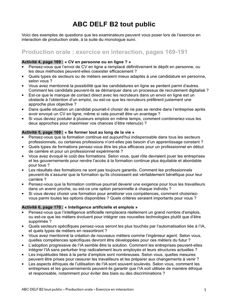 Questions pour l'oral DELF B2 | PDF | Intelligence (IA) et sémantique ...