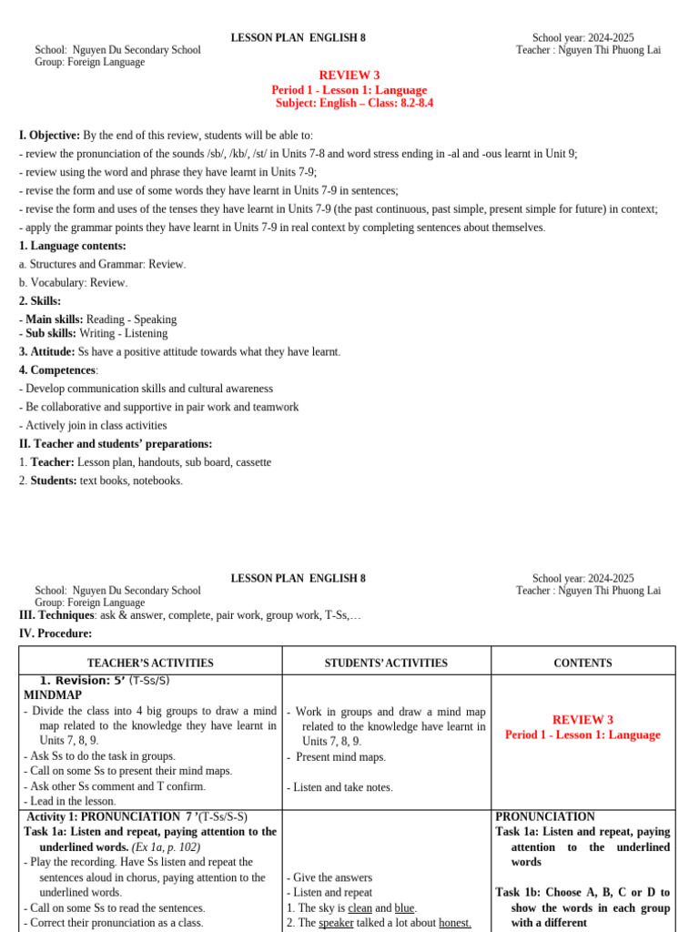 English 8 Review Lesson Plan 2024-2025 | PDF | Question | English Language