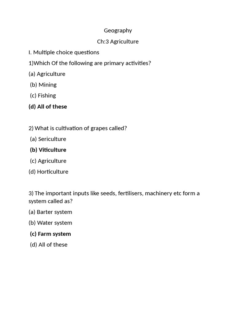 Geography Ch 3 Mcqs And A R Pdf Agriculture Farms