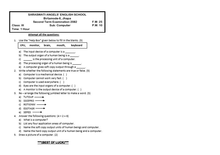 Computer Basics Exam for Class III | PDF