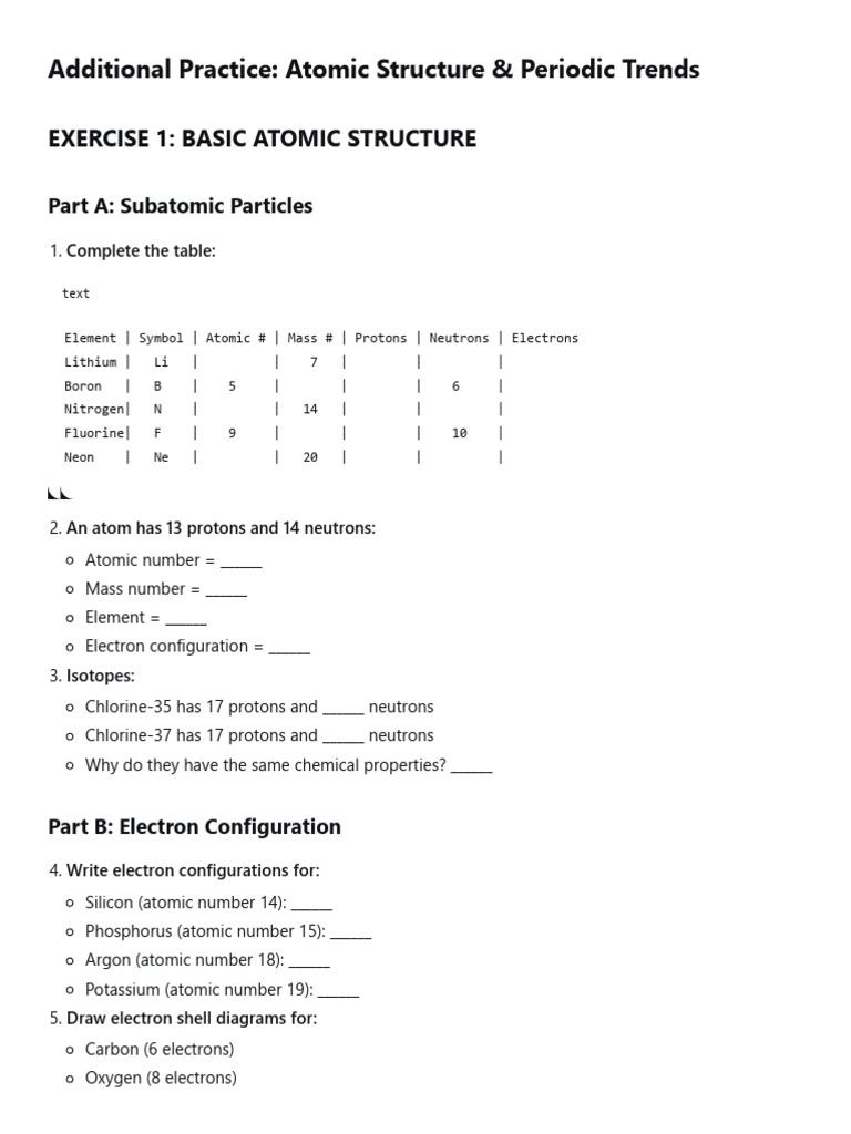 Atomic Structure & Periodic Trends Practice | PDF | Chemical Elements ...