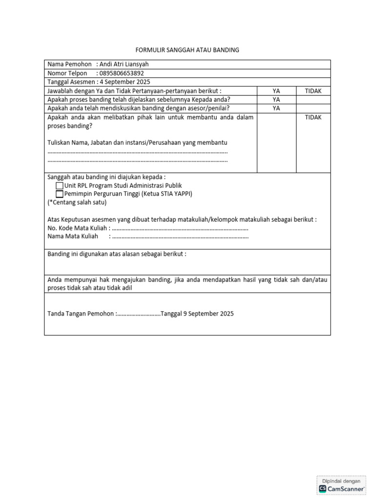 Formulir Sanggah Banding RPL | PDF