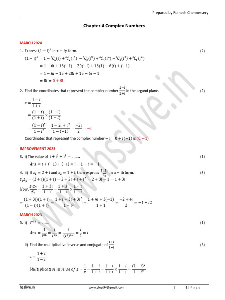 Complex Numbers: Expressions & Solutions | PDF | Complex Number | Chess