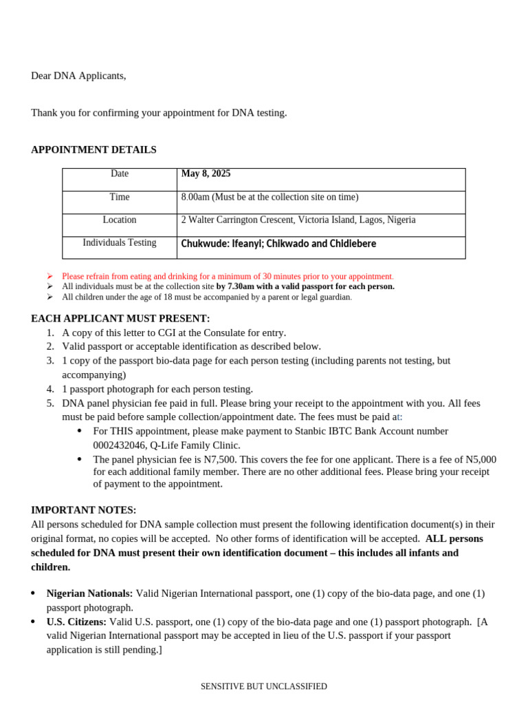 DNA Appointment Information QLIFE | PDF | Passport | Identity Document