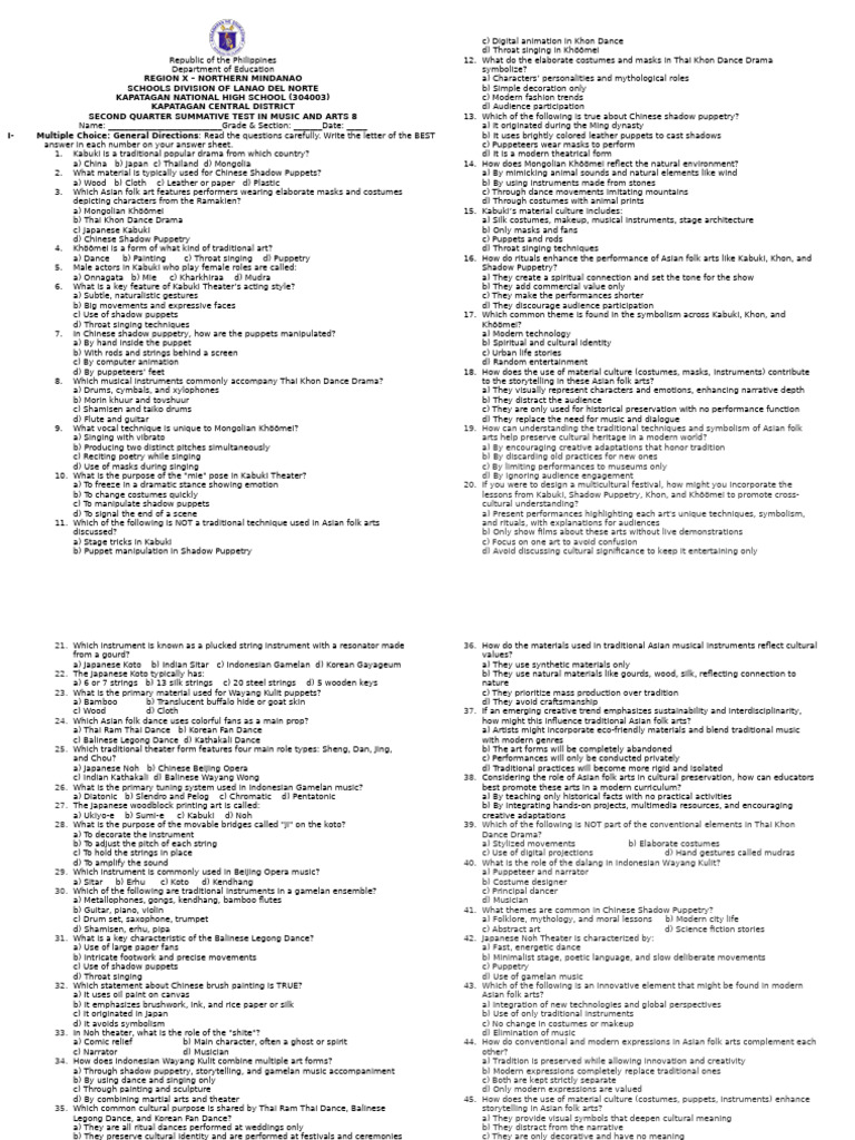Summative Test: Music and Arts 8 | PDF | Puppetry | Puppets