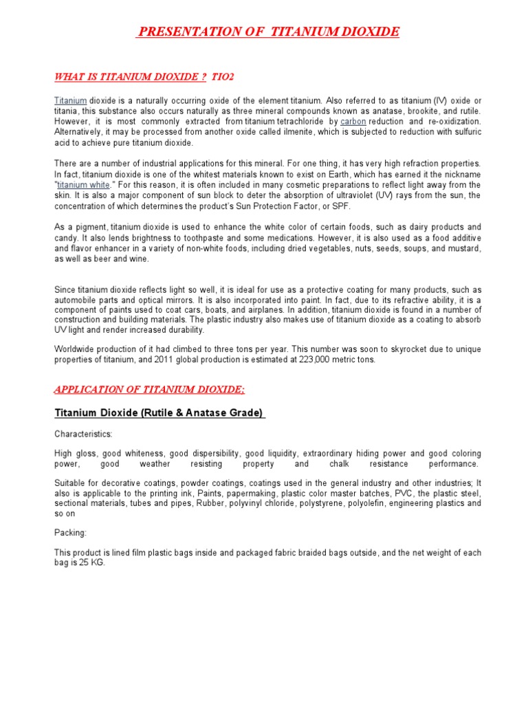 Presentation of Titanium Dioxide | PDF | Titanium Dioxide | Titanium