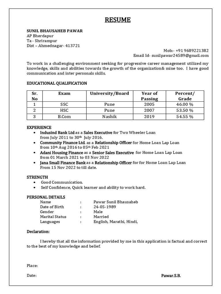 Sunil Pawar - Sales Executive Resume | PDF