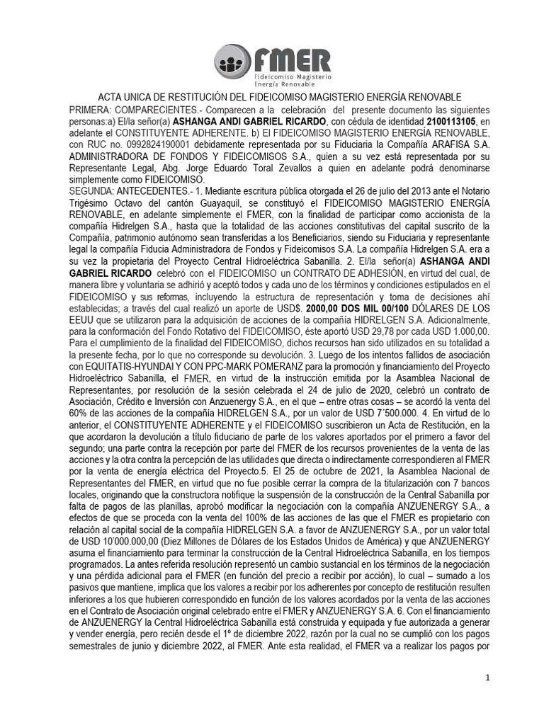 Acta de Restitución del Fideicomiso FMER | PDF | Compartir (Finanzas ...