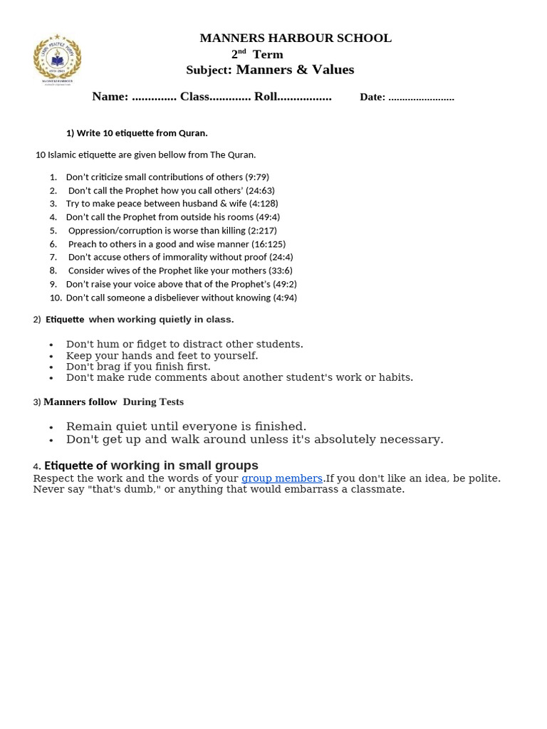 Manners & Values Assignment Guide | PDF