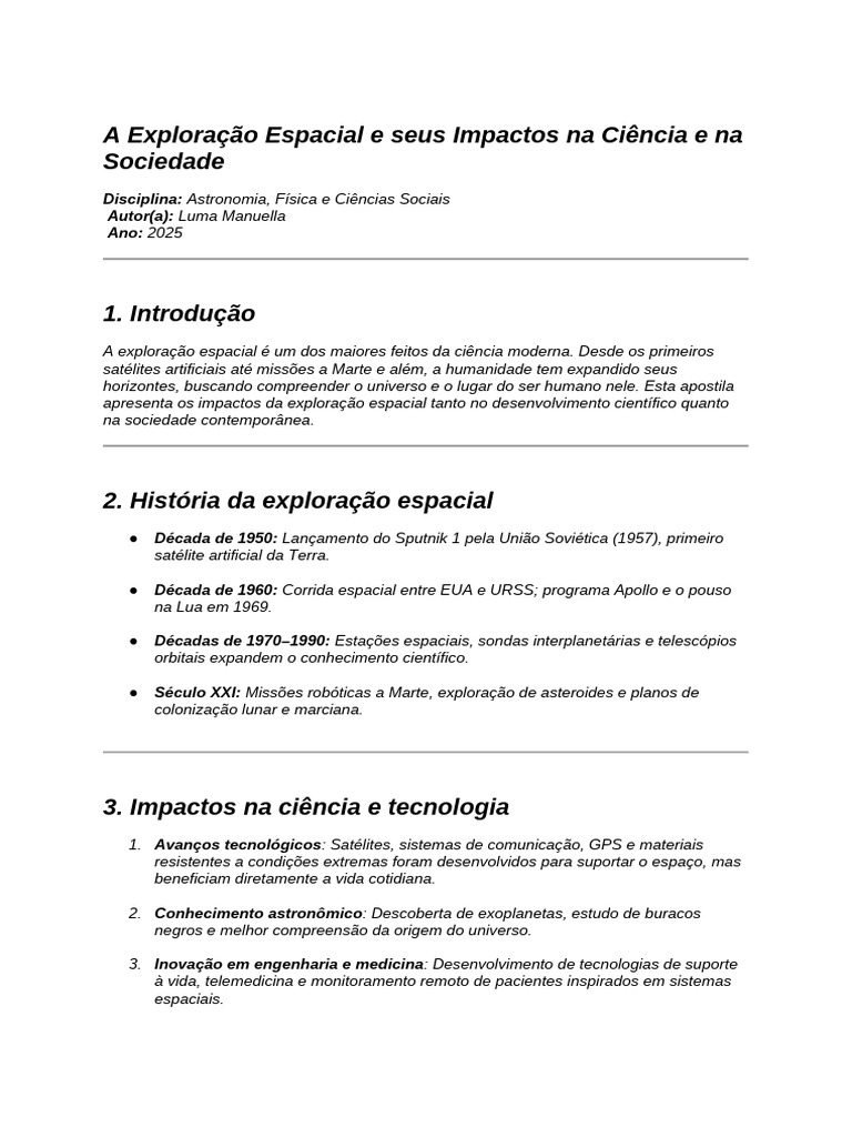Impactos da Exploração Espacial na Sociedade | PDF | Exploração ...