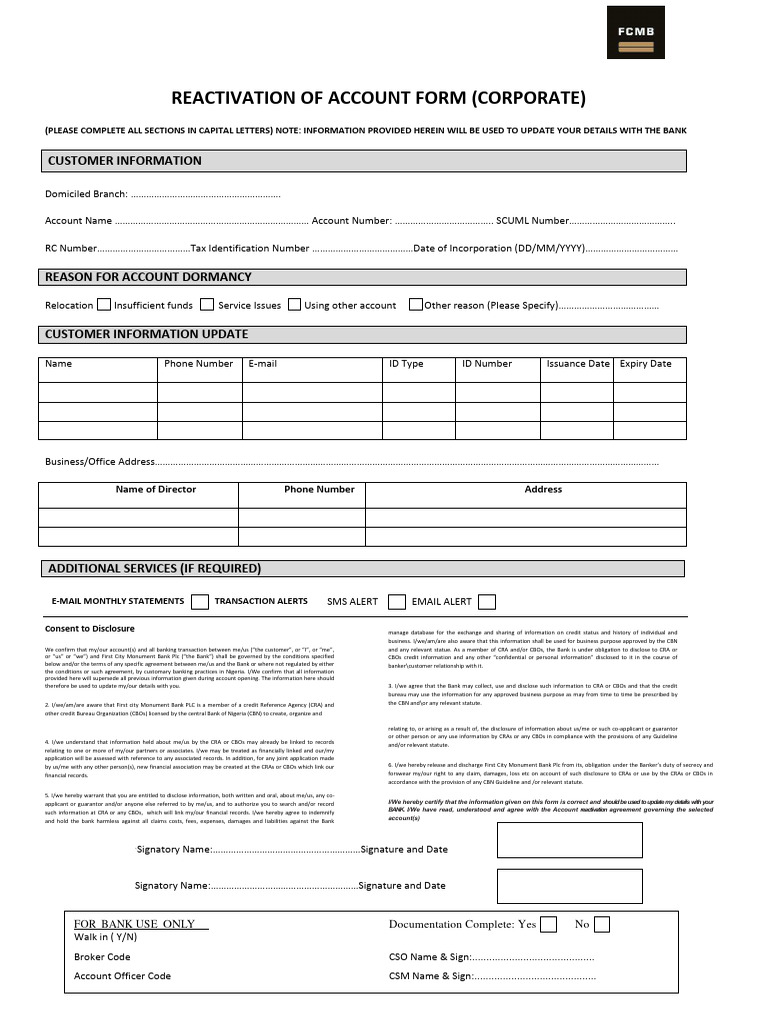 Reactivation of Account Form (Corporate) : Customer Information | PDF ...