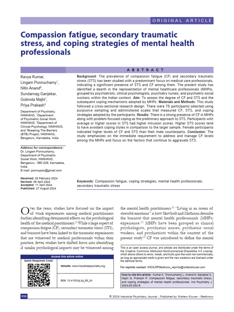 Compassion Fatigue in Indian Mental Health Professionals | PDF | Mental ...