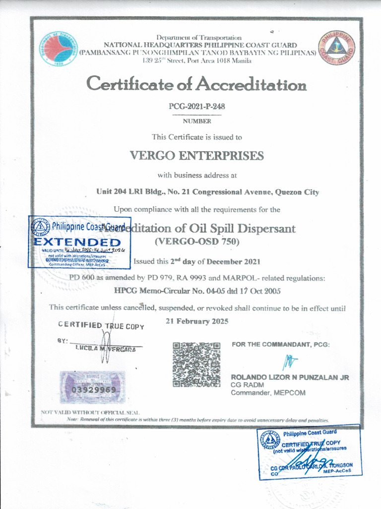 Vergo PCG Certificate (1 Year Extension 07-16-2026) | PDF