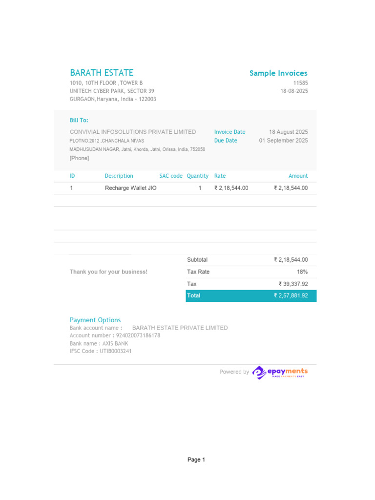 Invoice for JIO Recharge - Barath Estate | PDF