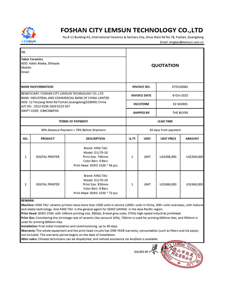 Quotation for KING TAU Digital Printers | PDF | Printer (Computing ...