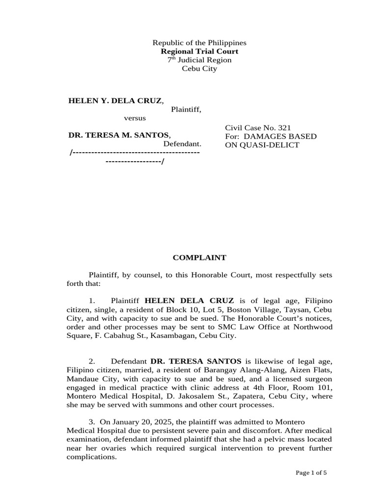 Sample Civil Complaint On Medical Negligence | PDF | Surgery | Lawsuit