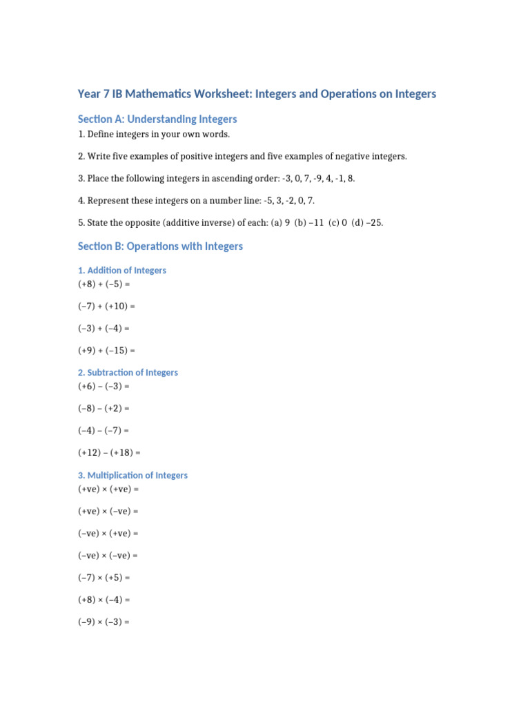 Year 7 IB Math: Integers Worksheet | PDF | Integer | Multiplication