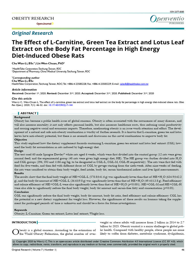 The Effect of L Carnitine Green Tea Extract and Lotus Leaf Extract On ...