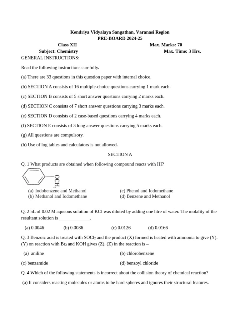 Chemistry Pre-Board Exam 2024-25 Class XII | PDF | Physical Sciences ...
