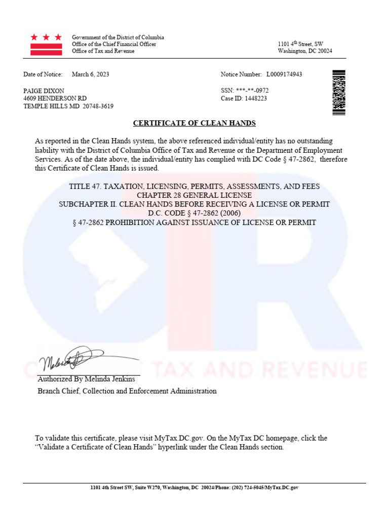 DC Certificate of Clean Hands Notice | PDF