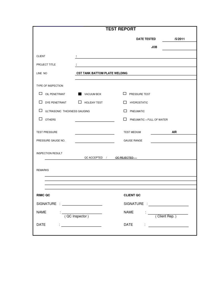 Vacuum Test Report for Tank Welding | PDF | Law