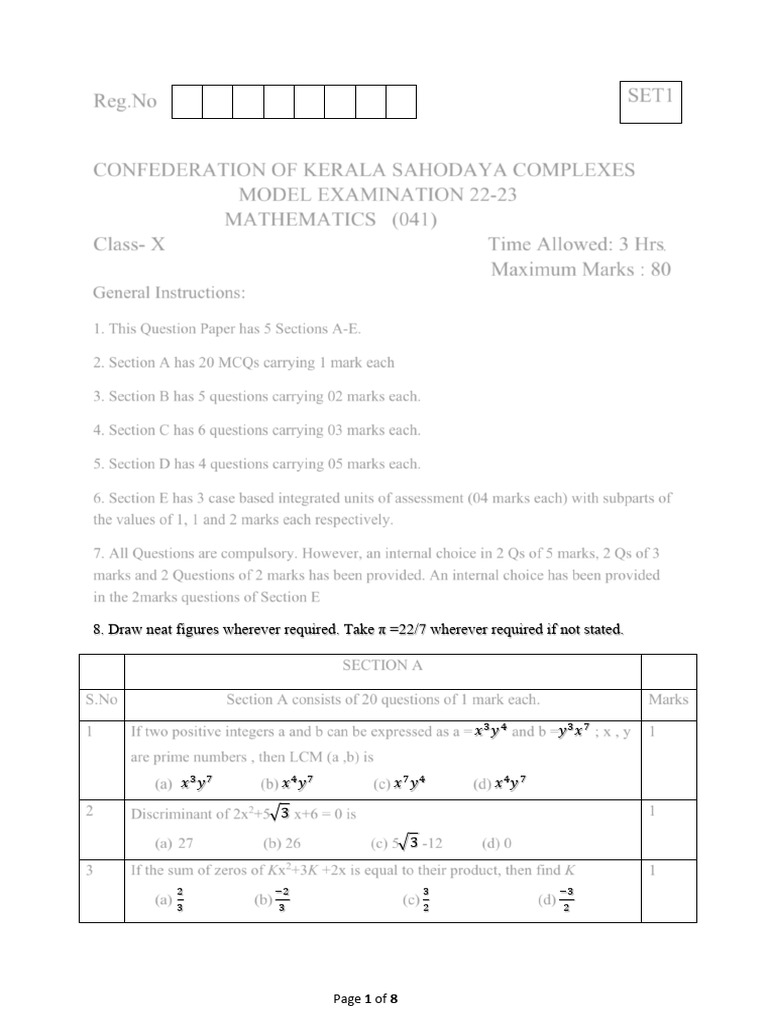 Class X Mathematics Model Exam 2022-23 | PDF | Circle | Area