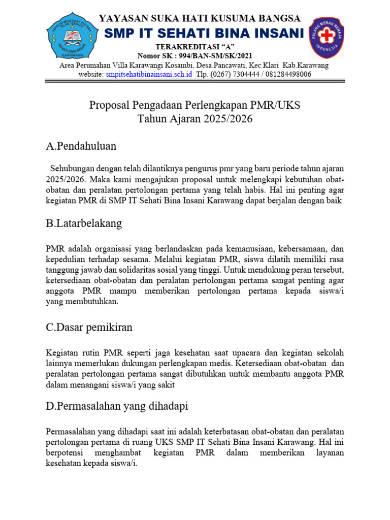 Proposal Perlengkapan PMR SMP IT Sehati | PDF