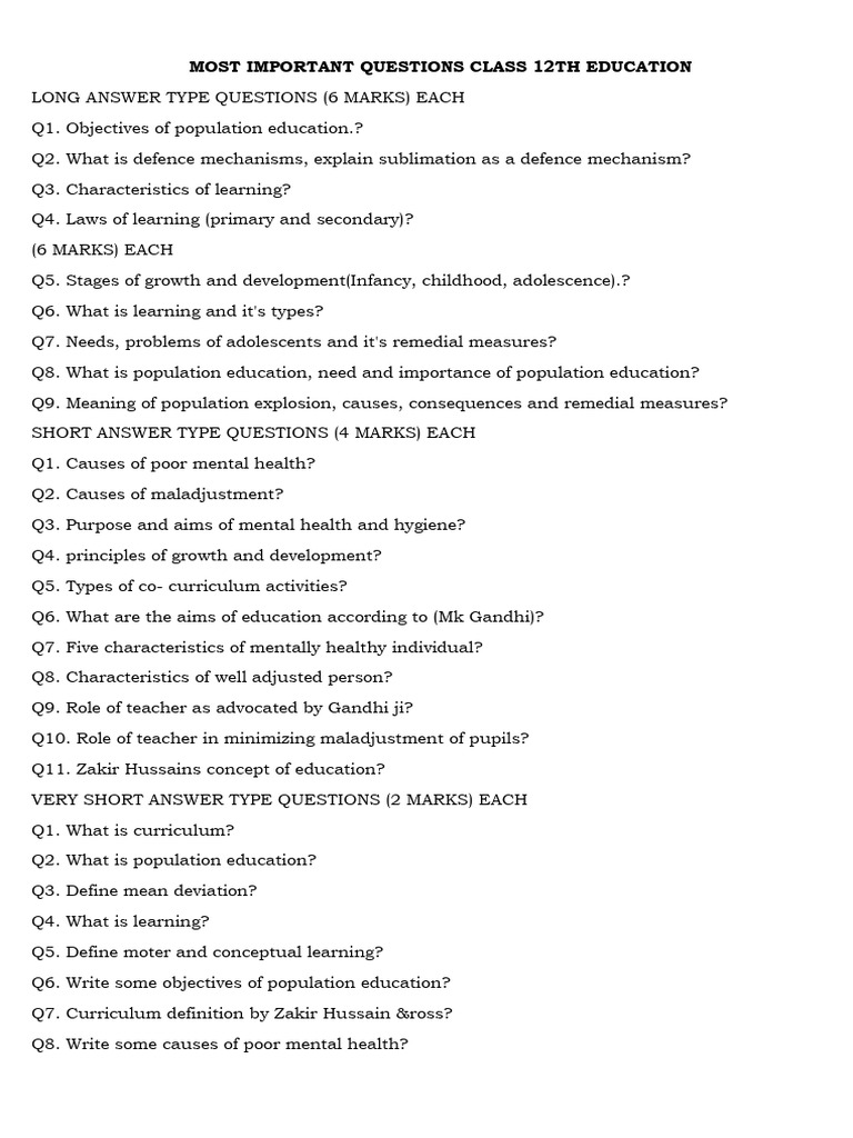 Class 12 Education Key Questions Guide | PDF