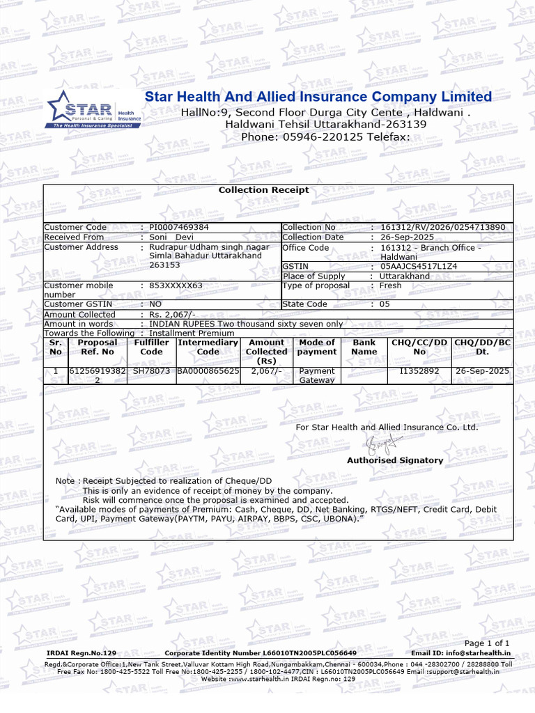 Hasistd1 Collection Receipt HDR FTR 31431401 | PDF | Payments | Business
