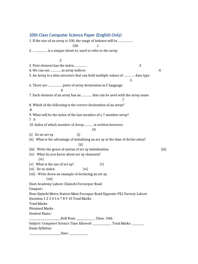 10th Class Computer Science Exam Paper | PDF | Computer Programming ...