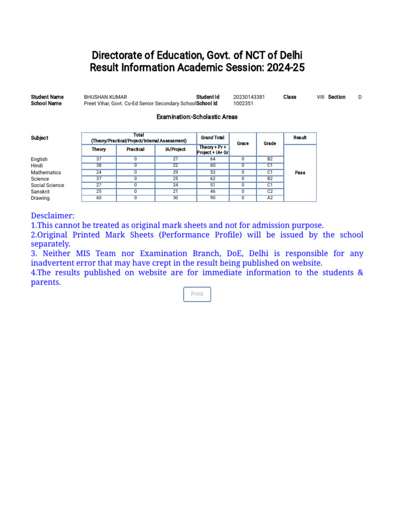 Delhi Class VIII Result 2024-25 | PDF