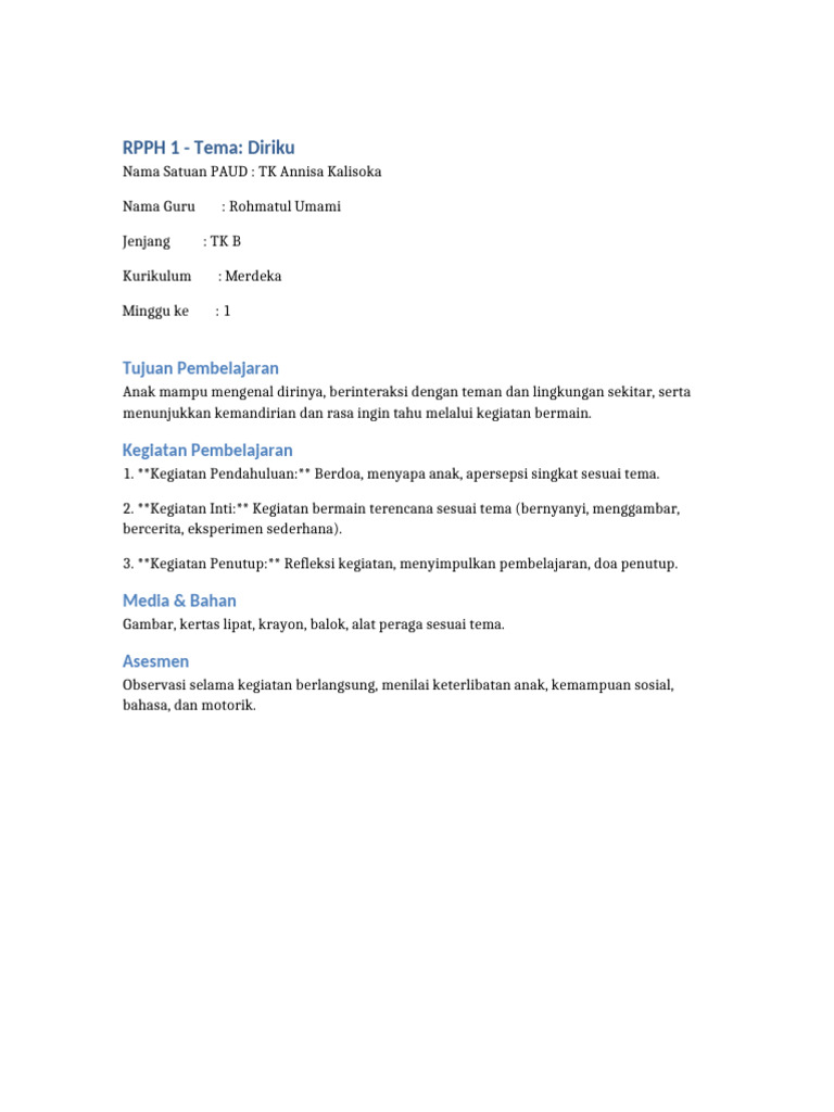 RPPH TK B 3 Bulan TK Annisa Kalisoka | PDF