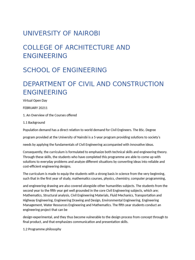 University of Nairobi Civil Engineering Program | PDF | Engineering ...
