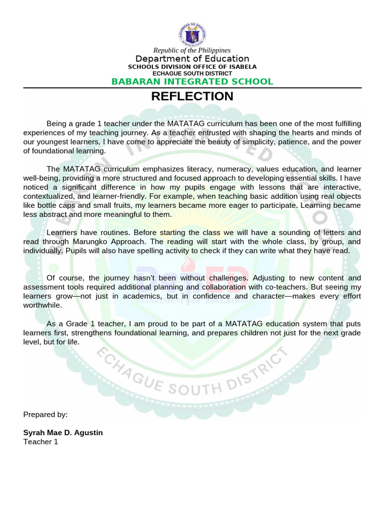 Reflections on MATATAG Curriculum in Grade 1 | PDF