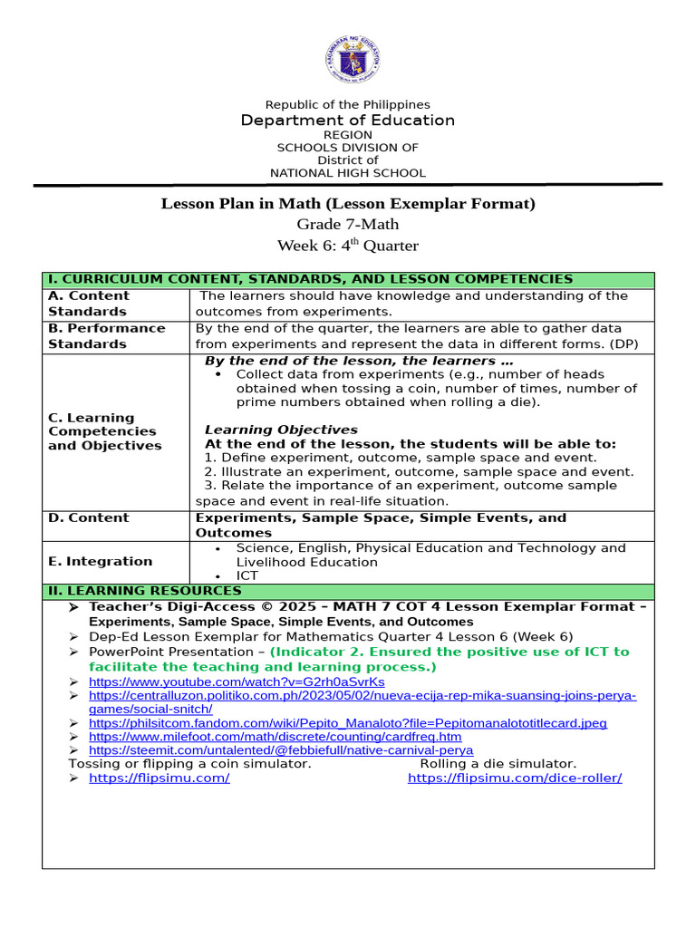 Grade 7 Math Lesson Plan: Experiments | PDF | Learning | Teachers