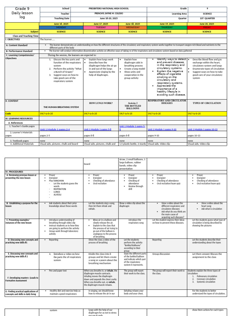 Grade 9 Science Lesson Plan: Circulatory & Respiratory Systems | PDF ...