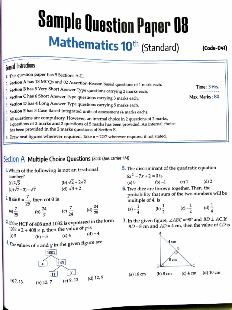 10th Grade Mathematics Sample Paper | PDF | Circle | Polynomial