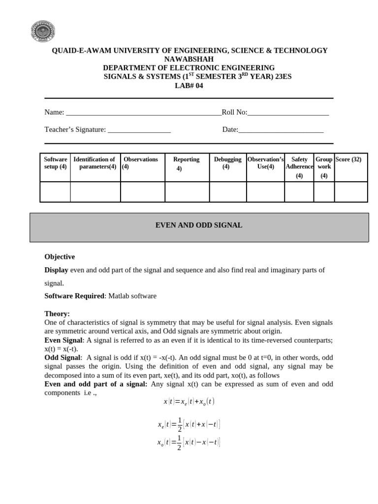 Even and Odd Signal Analysis in MATLAB | PDF | Mathematical Relations
