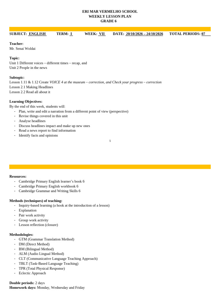 Grade 6 English Weekly Lesson Plan | PDF | Teachers | Learning