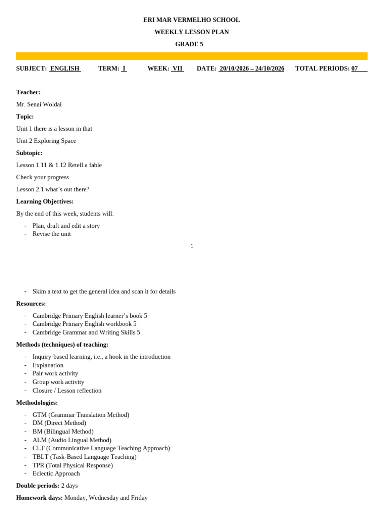 Grade 5 English Weekly Lesson Plan | PDF | Teachers | Learning