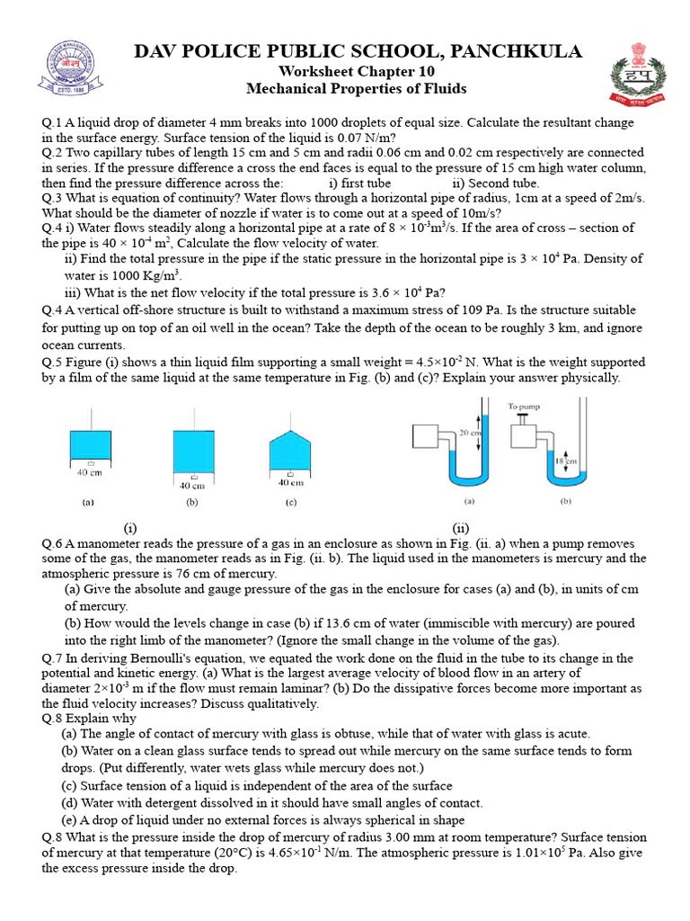Fluid Mechanics Worksheet for Students | PDF | Pressure | Liquids