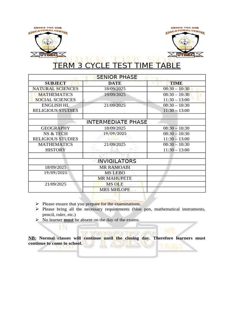 Term 3 Senior Phase Exam Timetable | PDF
