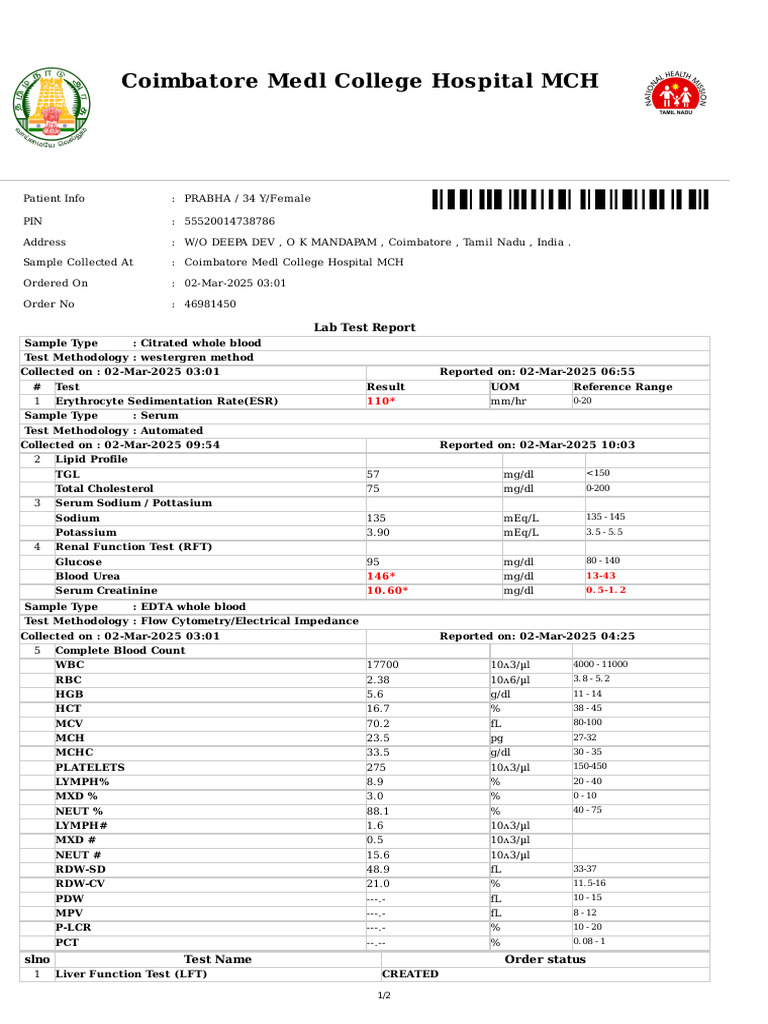Coimbatore Medl College Hospital MCH: Lab Test Report | PDF | Clinical ...